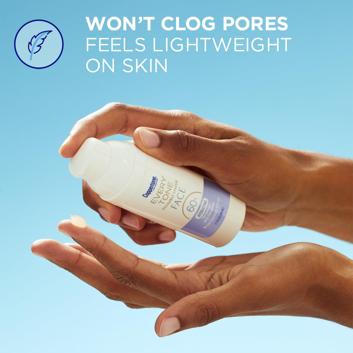 Coppertone cream texture spread on skin, lightweight feel and fast absorption
