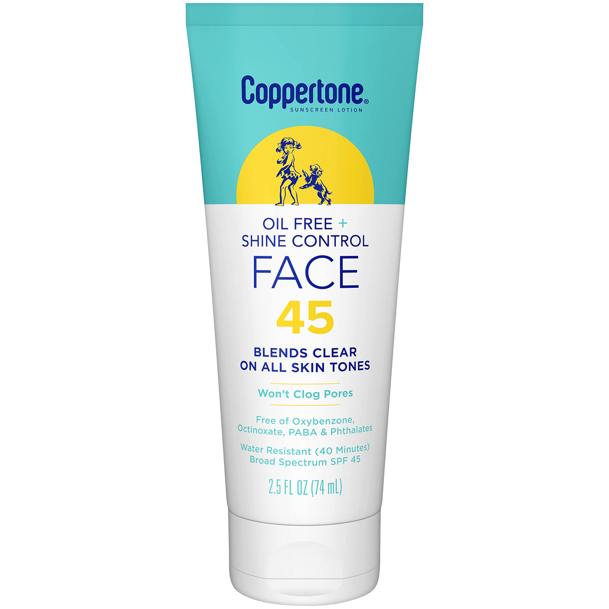 Coppertone front tube shows SPF 45 and oil-free benefits