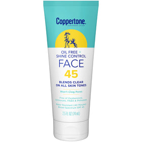 Coppertone front tube shows SPF 45 and oil-free benefits