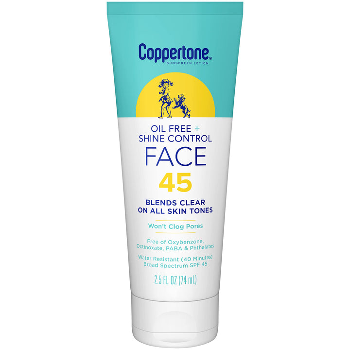 Coppertone front tube shows SPF 45 and oil-free benefits