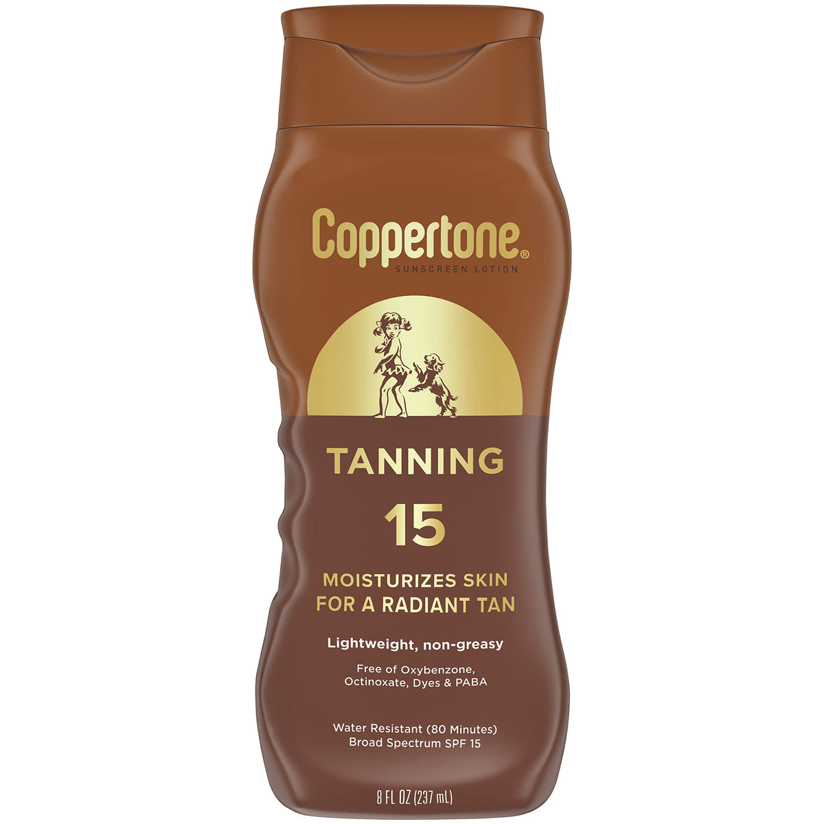 Coppertone front packaging showing 8 oz bottle and SPF 15, clear product ID and benefits