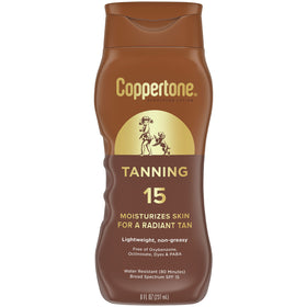 Coppertone front packaging showing 8 oz bottle and SPF 15, clear product ID and benefits