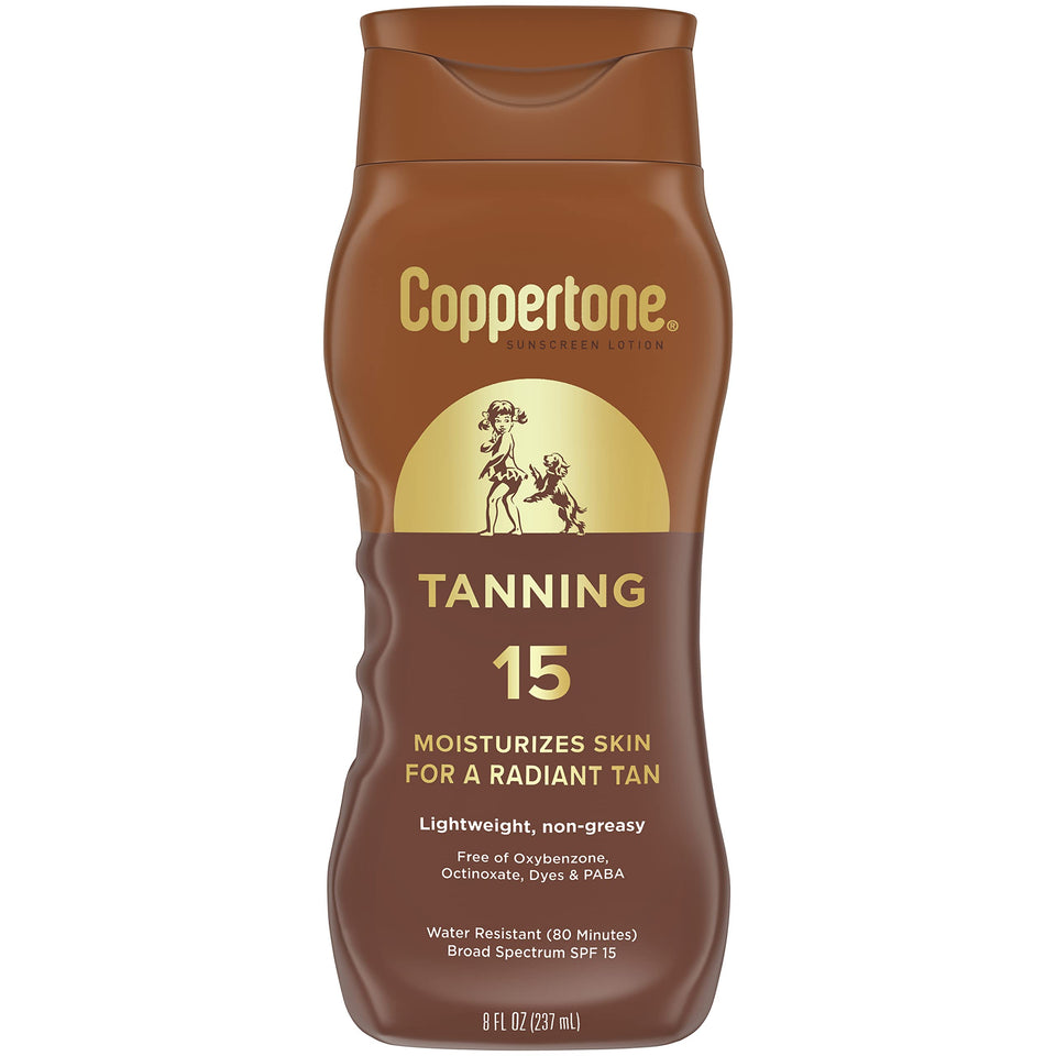 Coppertone front packaging showing 8 oz bottle and SPF 15, clear product ID and benefits