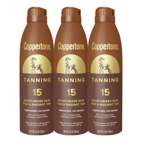 Coppertone front packaging showing SPF 15 and three-bottle value pack benefit