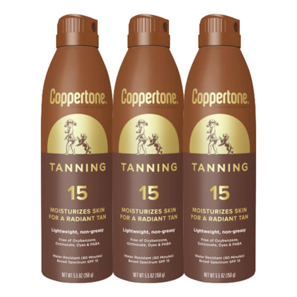 Coppertone front packaging showing SPF 15 and three-bottle value pack benefit