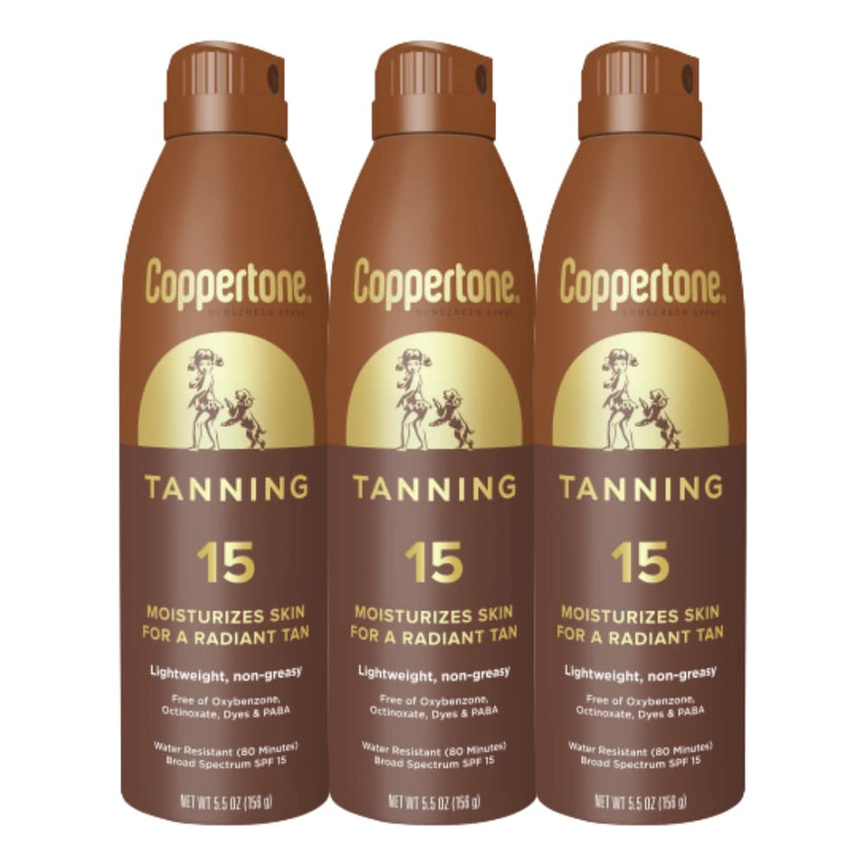 Coppertone front packaging showing SPF 15 and three-bottle value pack benefit