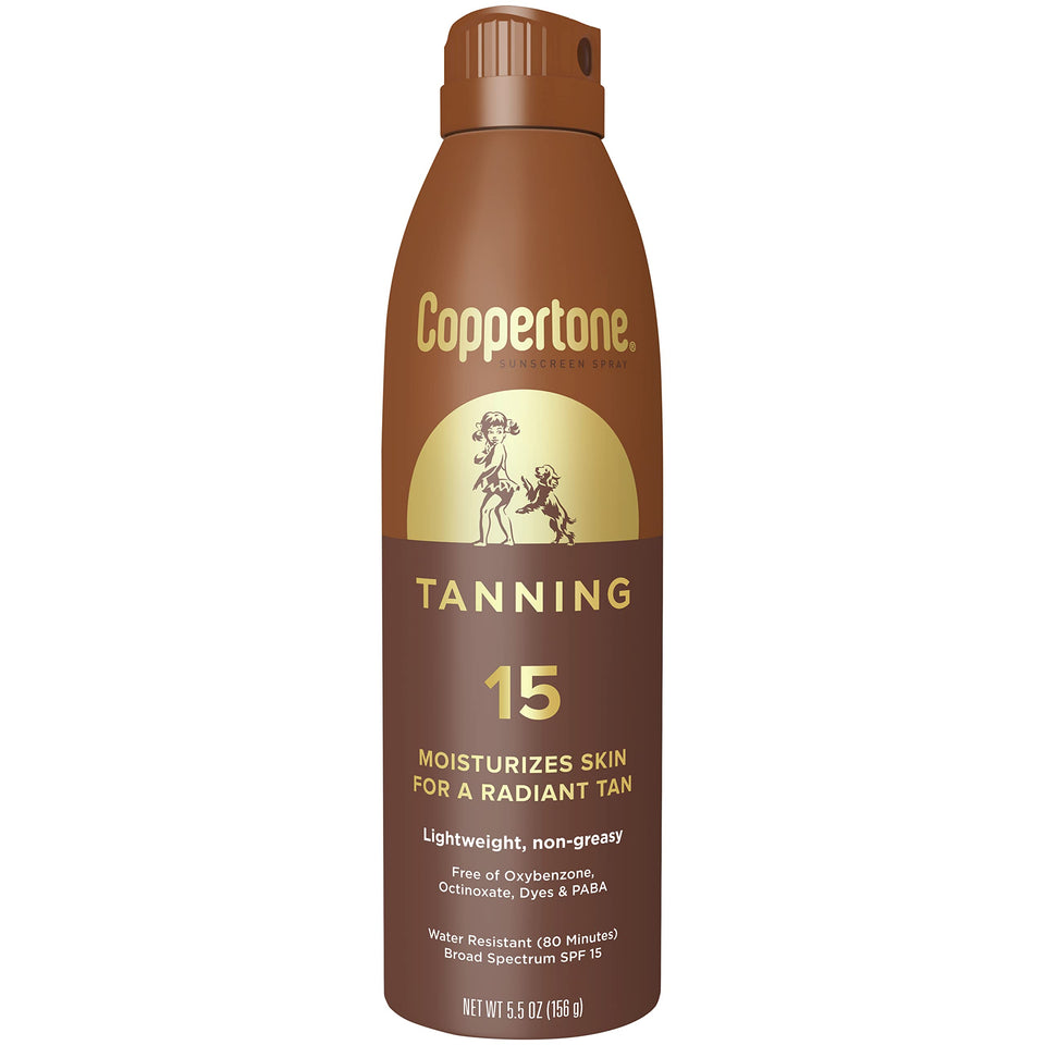 Coppertone front packaging clearly showing SPF 15 and 5.5 oz for quick purchase