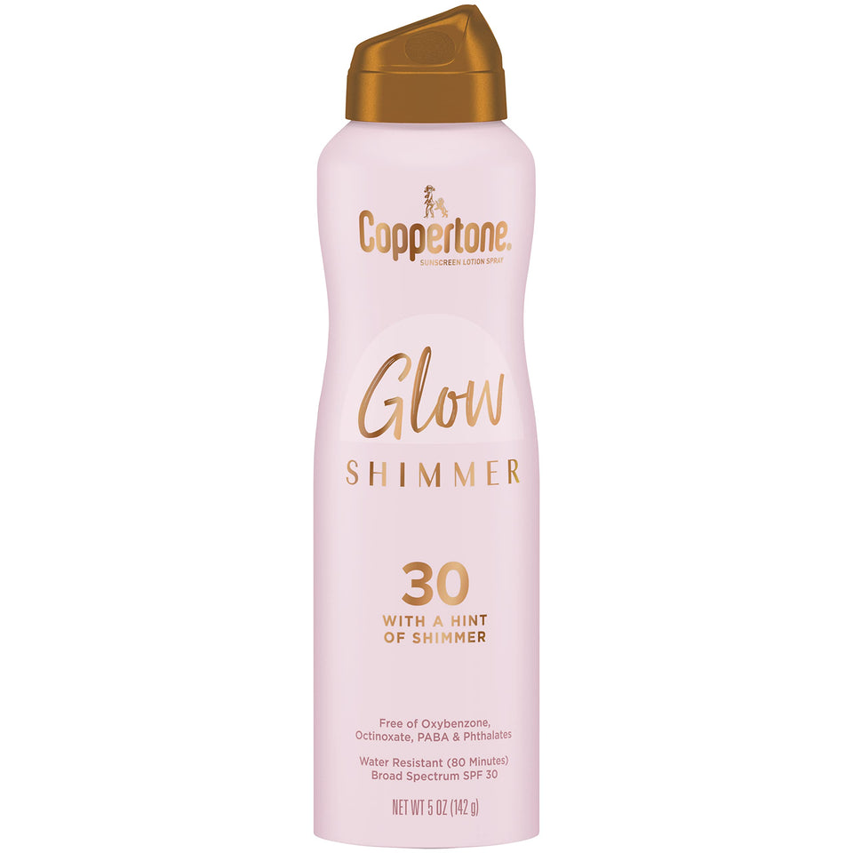 Coppertone front packaging showing SPF 30 and shimmer, clear benefit
