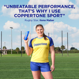 Coppertone SPORT back label with instructions and benefit of clear usage info