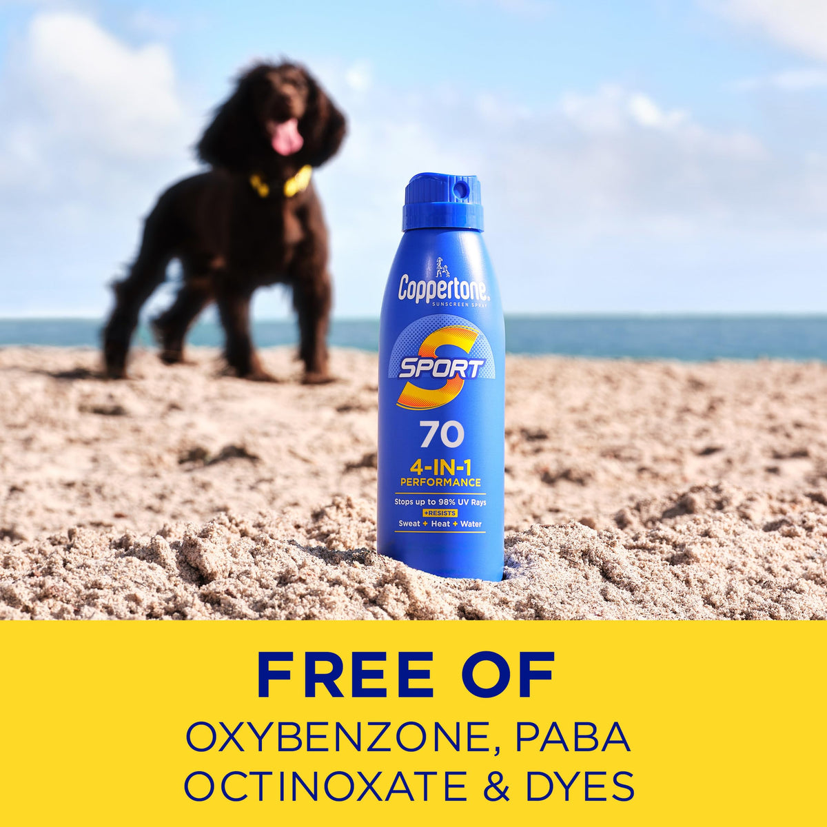 Coppertone in beach scene protecting active user from sun exposure benefit