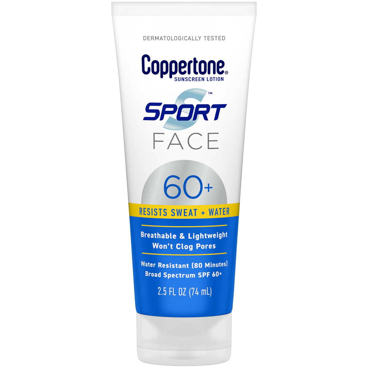 Coppertone face sunscreen tube front view showing SPF 60 and compact size benefit