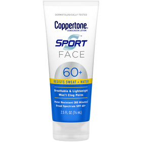 Coppertone face sunscreen tube front view showing SPF 60 and compact size benefit