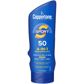 Coppertone SPORT front bottle showing SPF 50 and benefit for active protection
