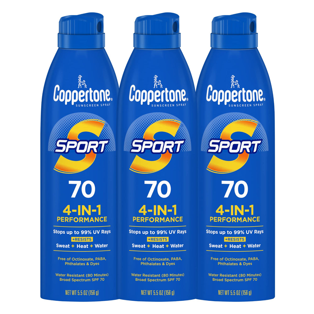 Coppertone front packaging showing three SPF 70 bottles and quick protection