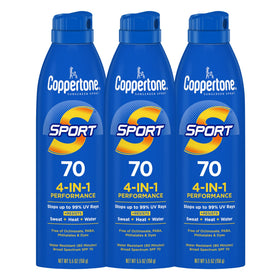 Coppertone front packaging showing three SPF 70 bottles and quick protection