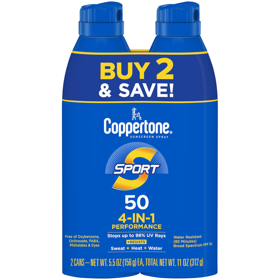 Coppertone front packaging showing SPF 30 and twin cans for convenience