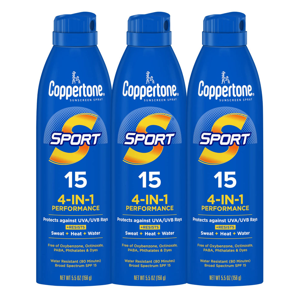 Coppertone front packaging shows SPF 15 and sports protection