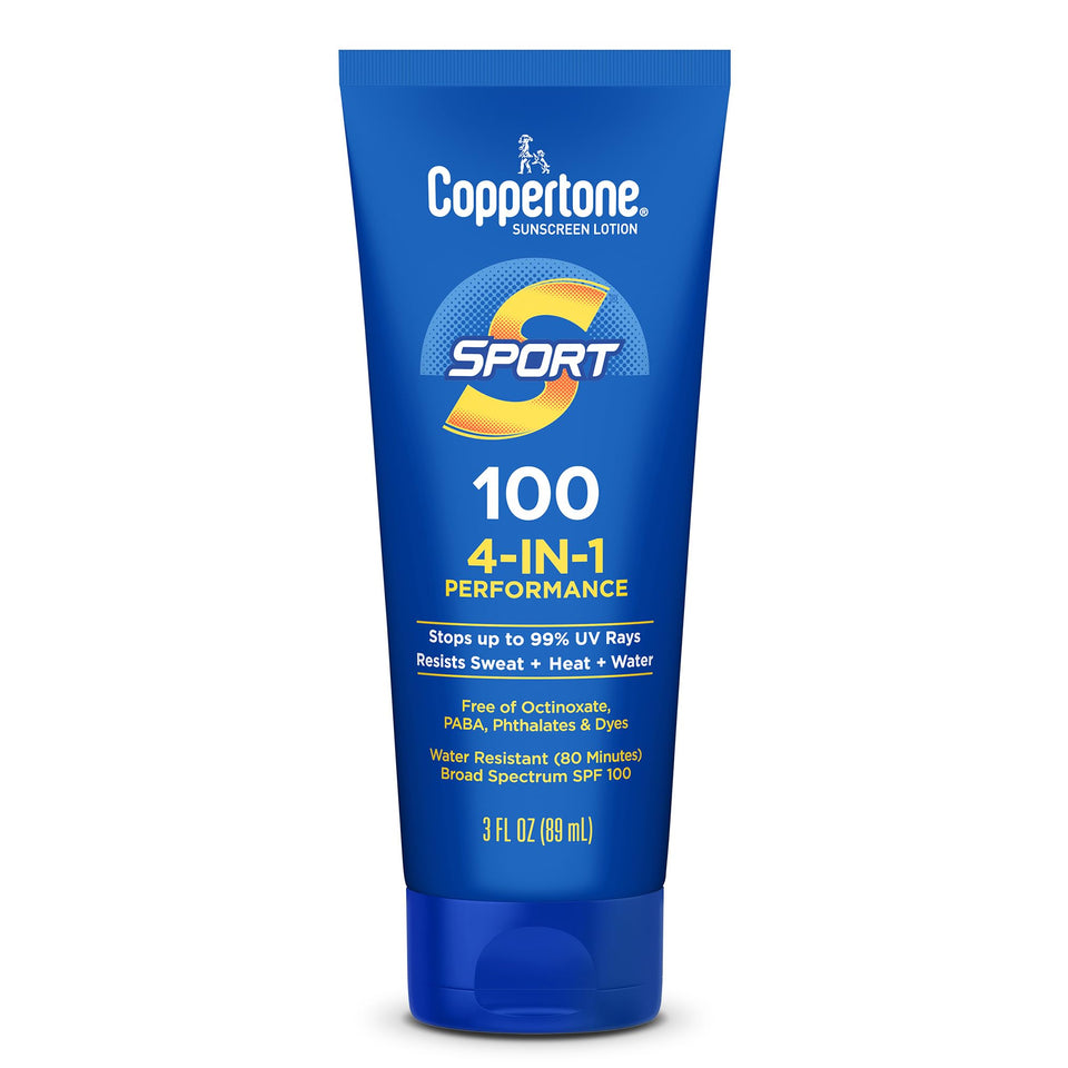 Coppertone SPORT front packaging showing SPF 100, ideal for active sun protection