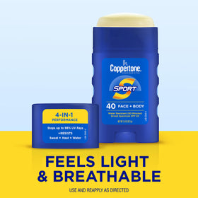 Label close up on Coppertone stick highlighting SPF 40 for trusted sun coverage