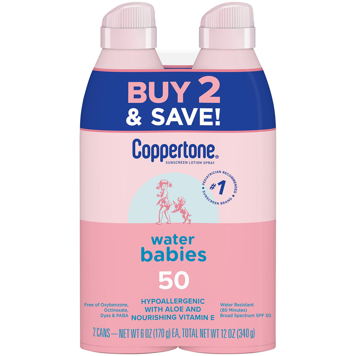 Coppertone WaterBabies front packaging showing SPF 50 protection and benefit