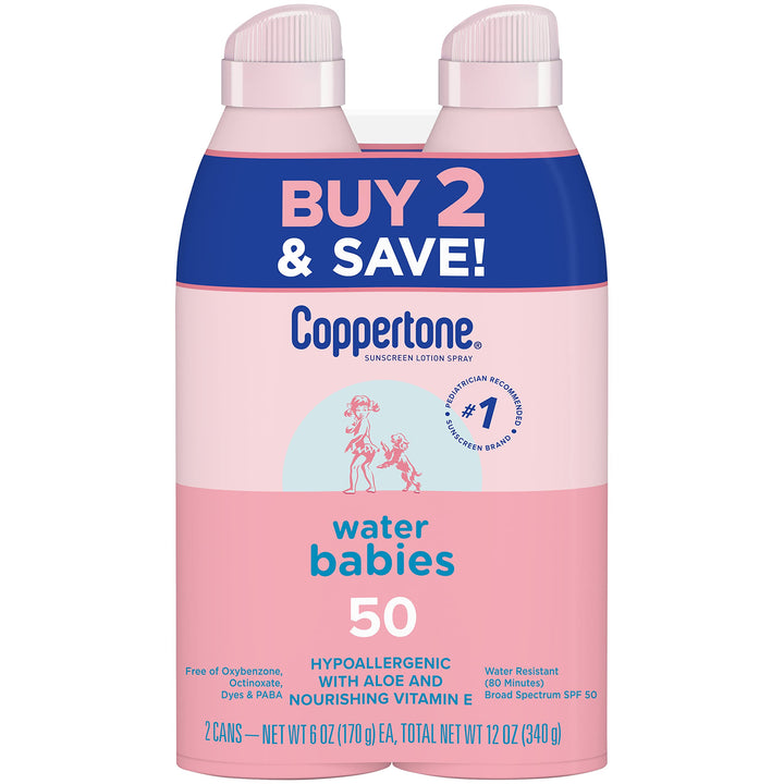 Coppertone WaterBabies front packaging showing SPF 50 protection and benefit