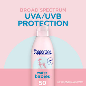 Coppertone WaterBabies visible spray close-up ensures correct application