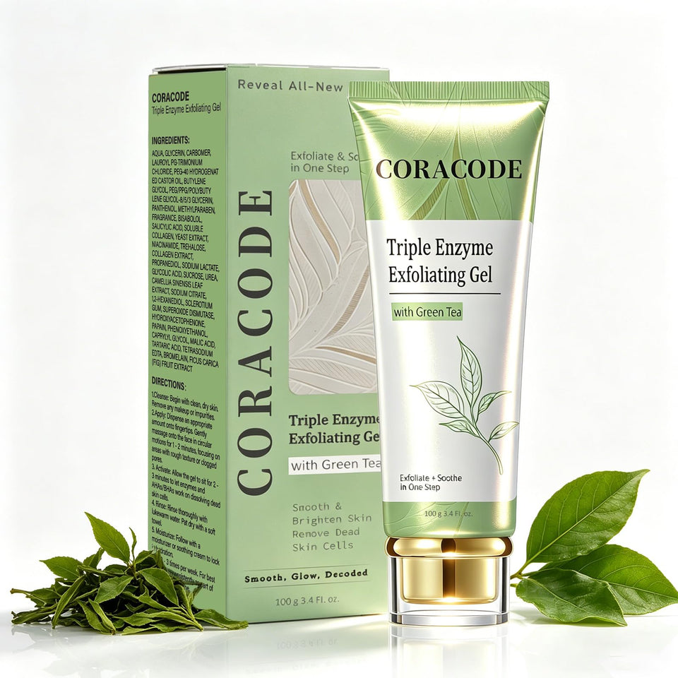 CORACODE front packaging showing triple enzyme peel gel for smoother skin