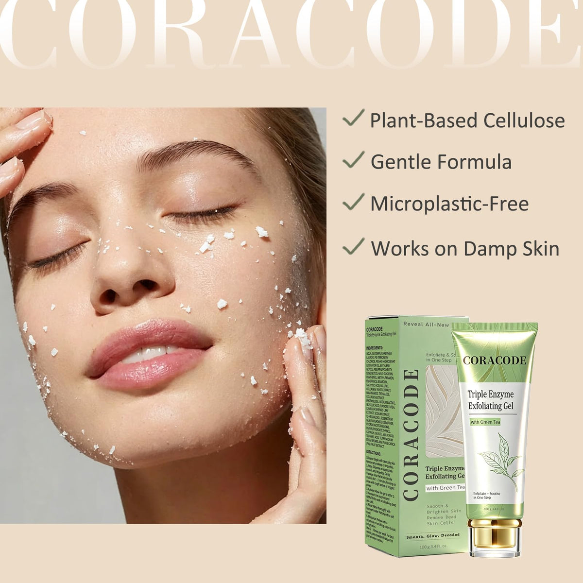 CORACODE ingredients layout with green tea and hyaluronic acid for hydration