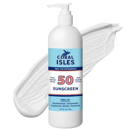 Coral Isles front packaging 16oz bottle showing SPF 50 protection