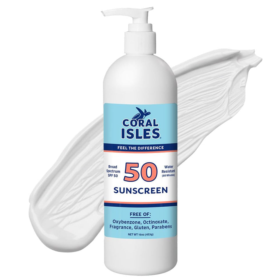 Coral Isles front packaging 16oz bottle showing SPF 50 protection