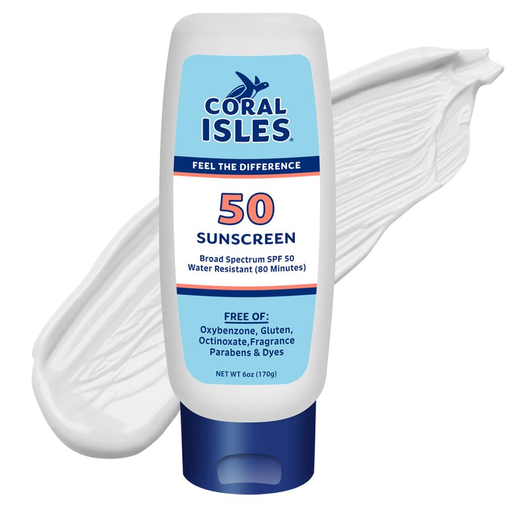 Coral Isles front packaging showing SPF 50 and reef-safe claim for clear protection