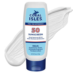 Coral Isles front packaging showing SPF 50 and reef-safe claim for clear protection