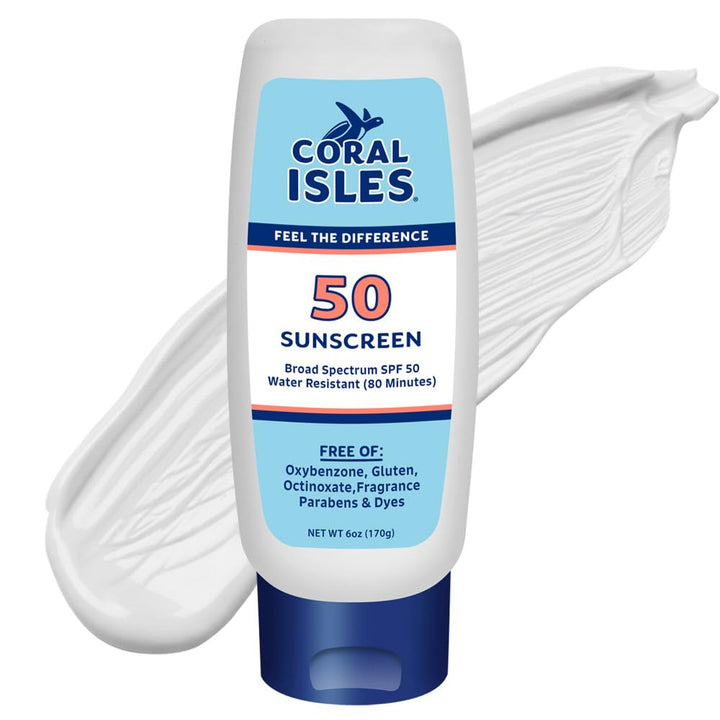 Coral Isles front packaging showing SPF 50 and reef-safe claim for clear protection