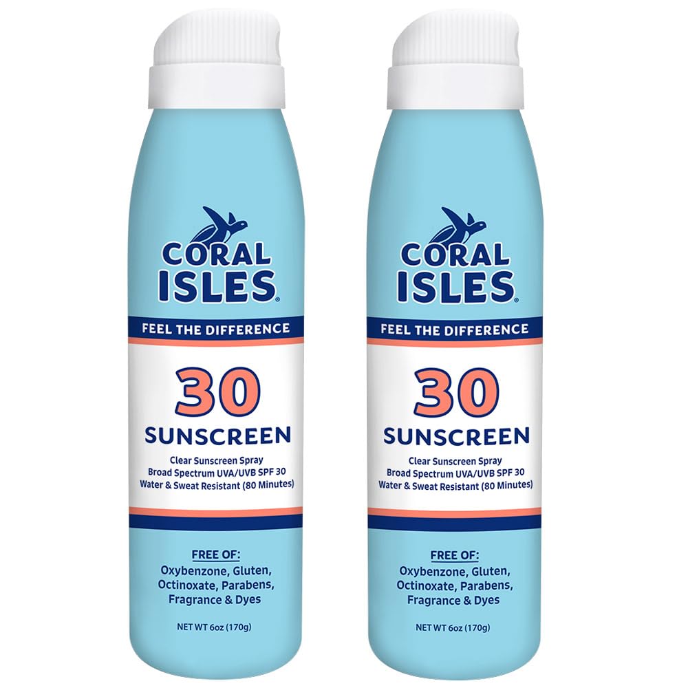 Coral Isles front packaging showing three 6 fl oz bottles and SPF 30 protection