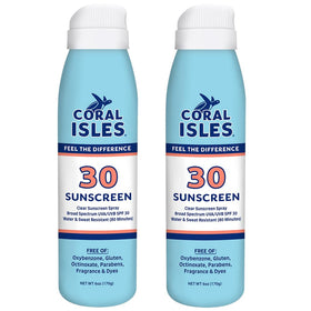 Coral Isles front packaging showing three 6 fl oz bottles and SPF 30 protection
