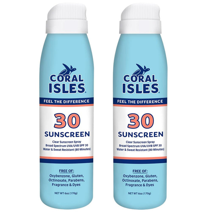Coral Isles front packaging showing three 6 fl oz bottles and SPF 30 protection