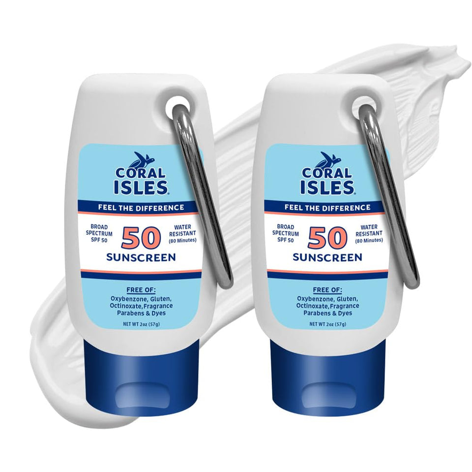 Coral Isles front packaging showing SPF 50 and reef-safe benefit