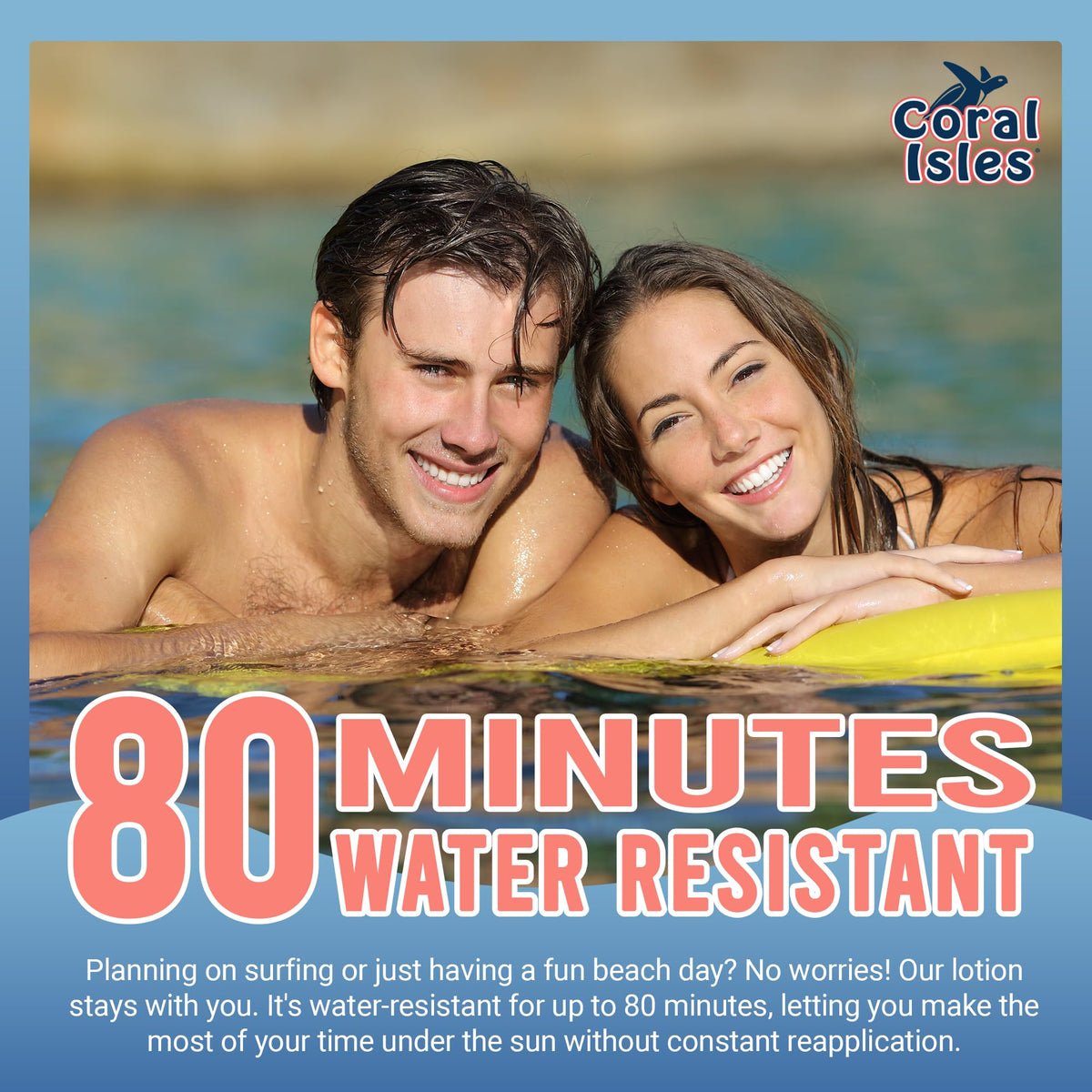 Coral Isles label closeup highlighting reef-safe, oxybenzone-free benefit