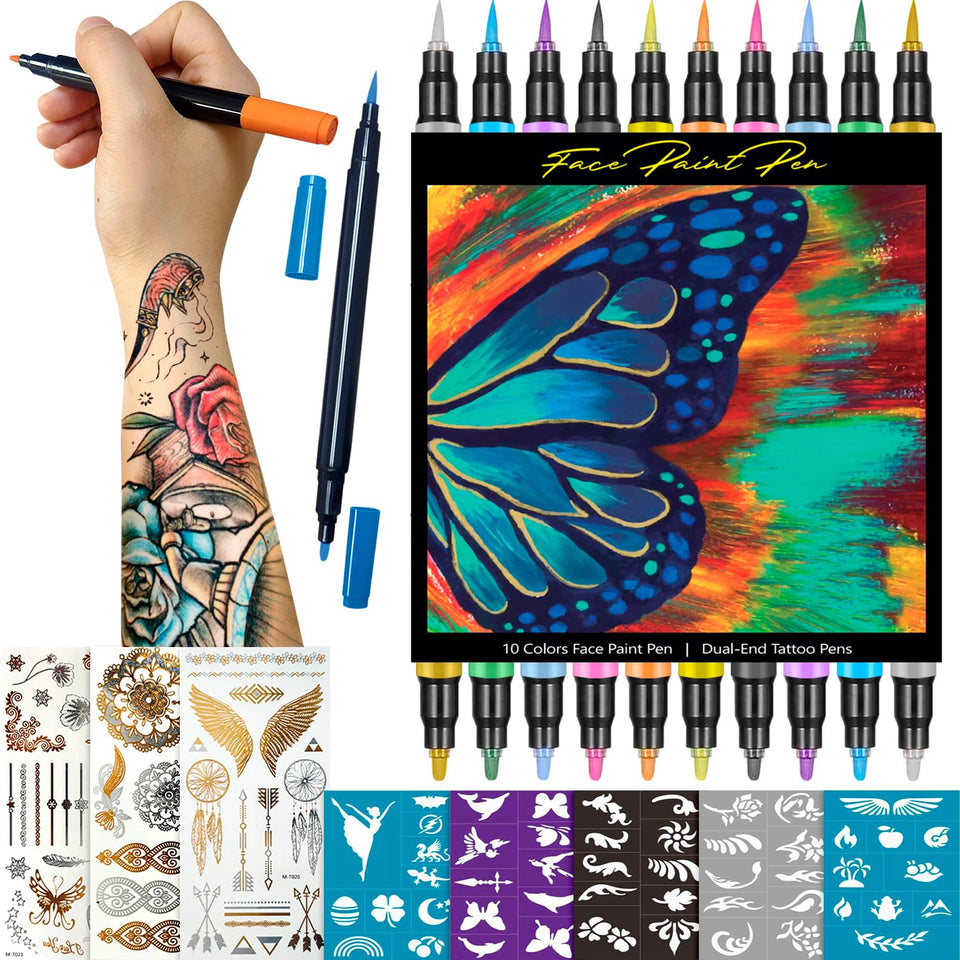 CORALMEE front packaging showing all 10 dual-tip tattoo pens and contents