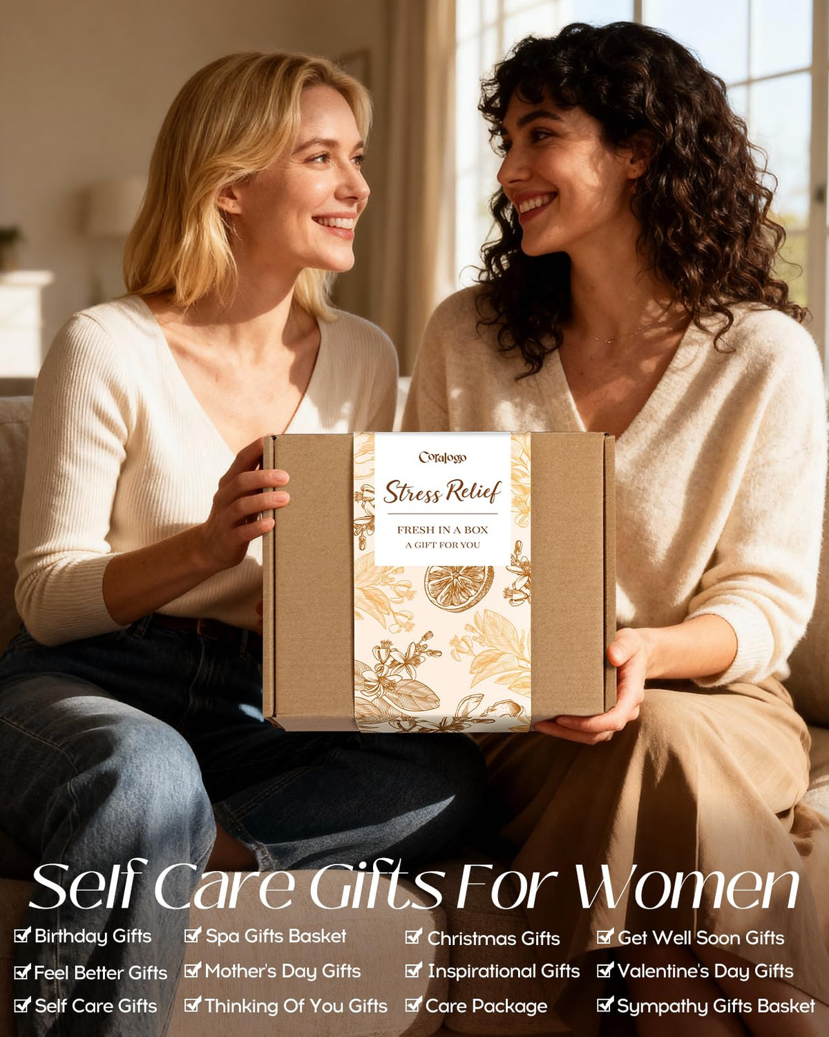 Coralogo gift box in a cozy bathroom setting conveying instant presentability