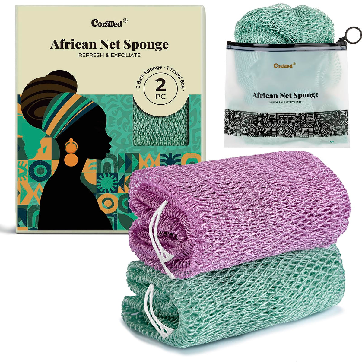 CORATED front packaging showing authentic African net sponge and gift-ready box benefit convenience