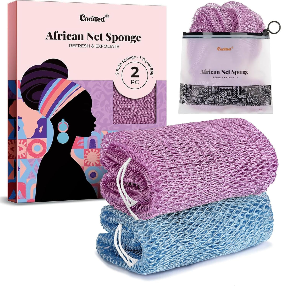 CORATED front packaging showing the African net sponge, attractive gift presentation