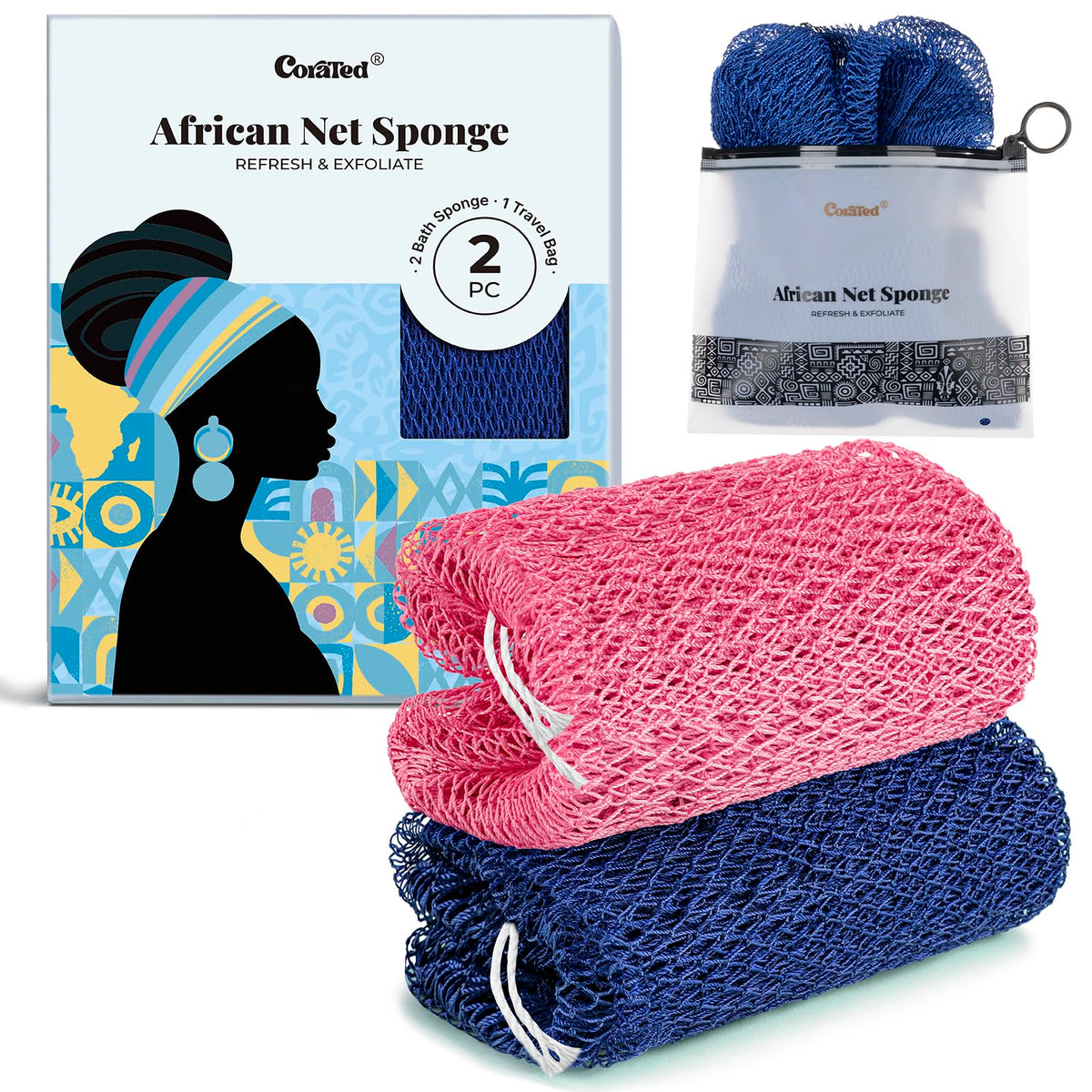 CORATED front packaging showing net sponge and benefits