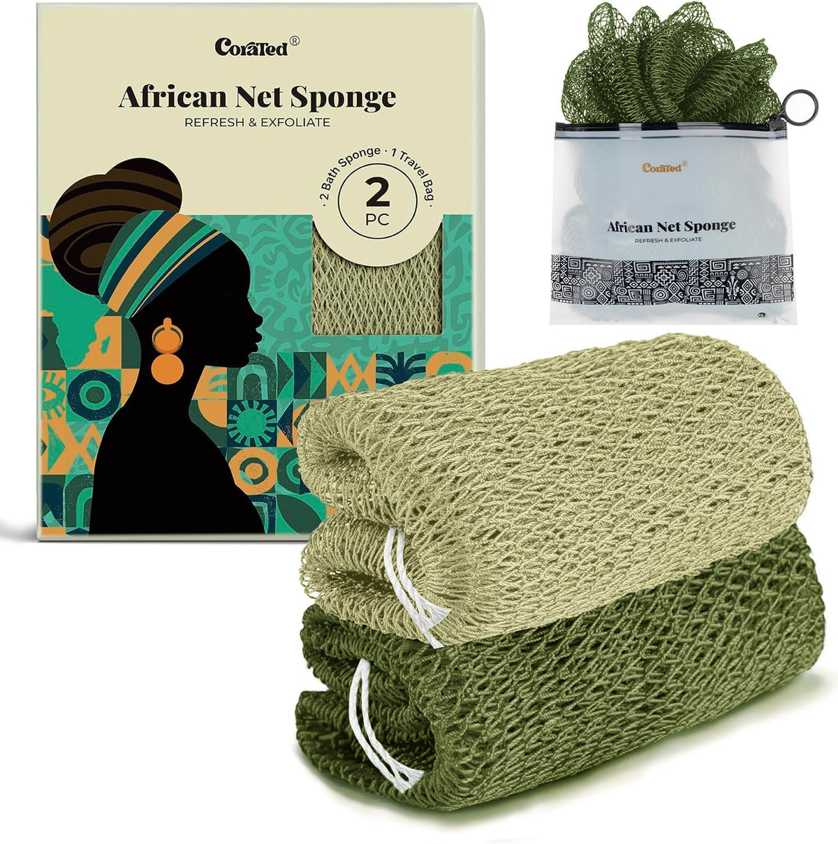 CORATED front packaging showing olive and light green bath net and benefits