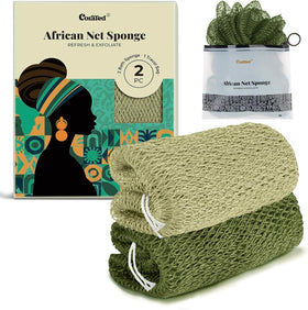 CORATED front packaging showing olive and light green bath net and benefits