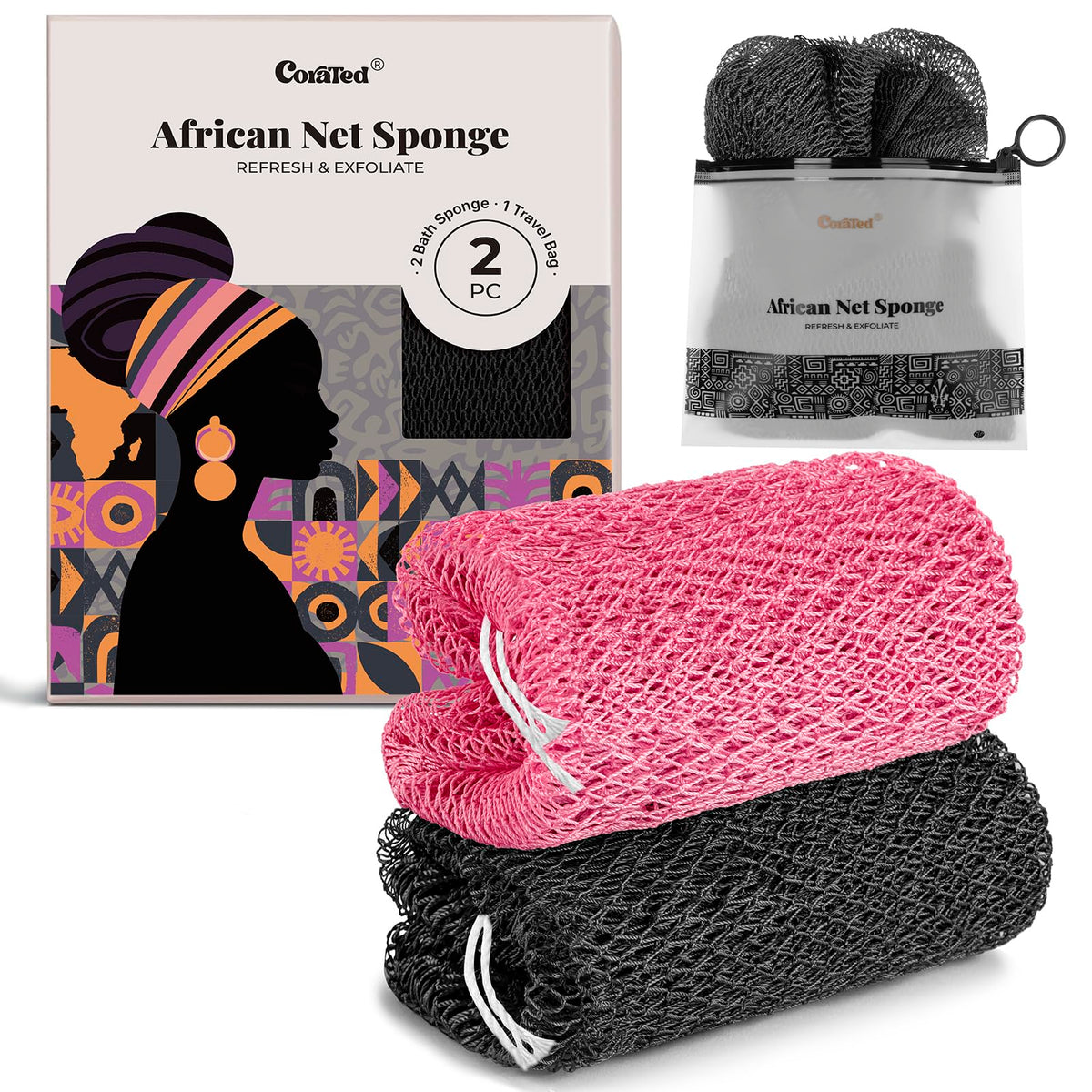 CORATED front packaging showing gift-ready bath sponge and benefits