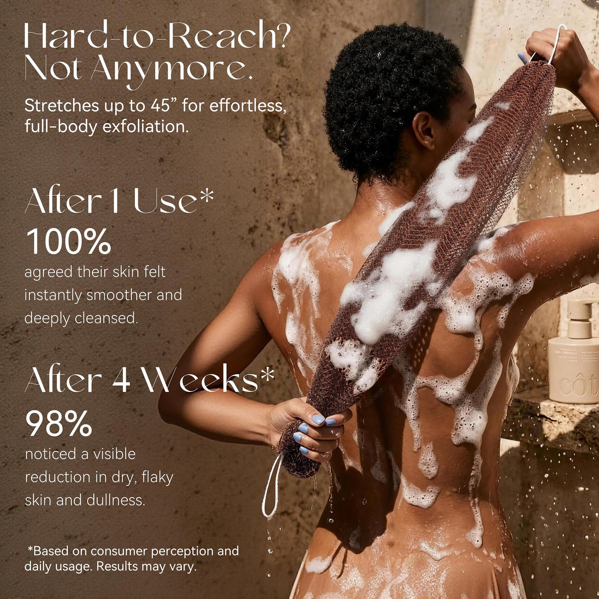 CORATED in-use image with woman cleaning back demonstrating full coverage