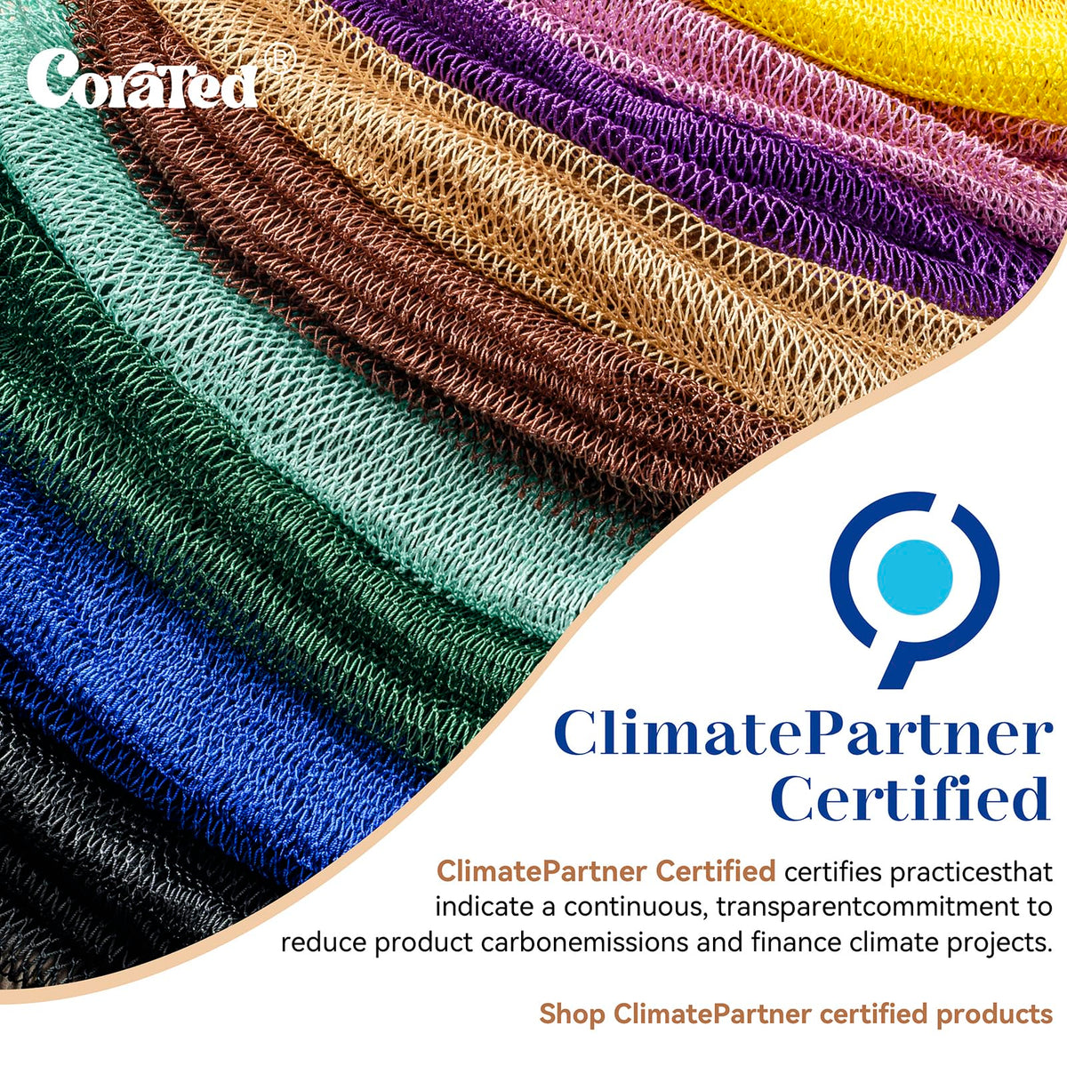 CORATED in-use shower lifestyle scene demonstrating full-body exfoliation