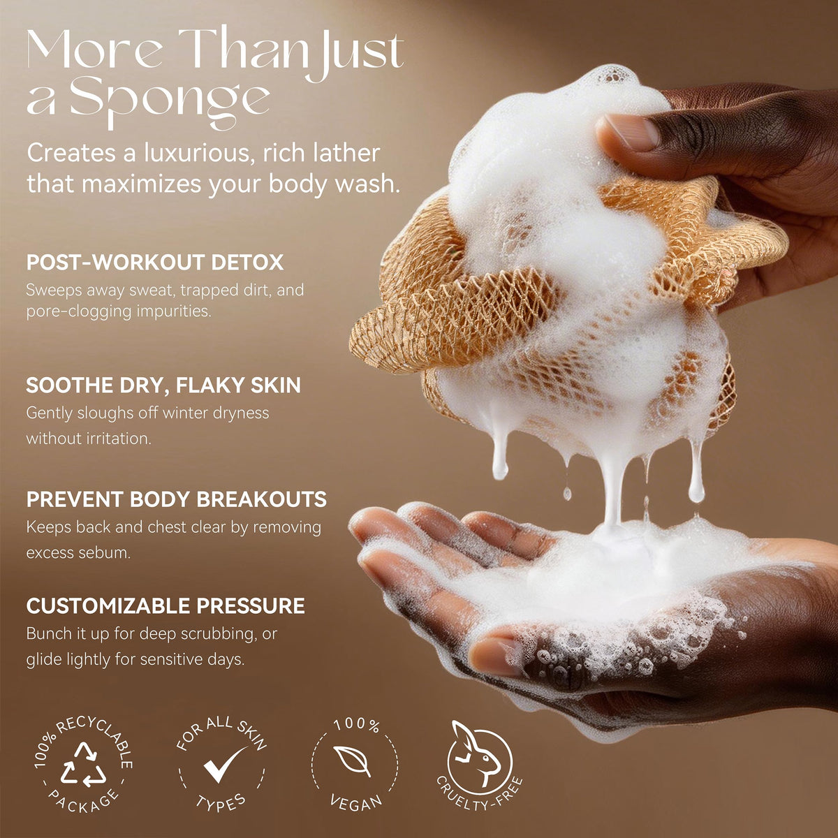 CORATED stretched sponge demonstrating full-back reach for convenience
