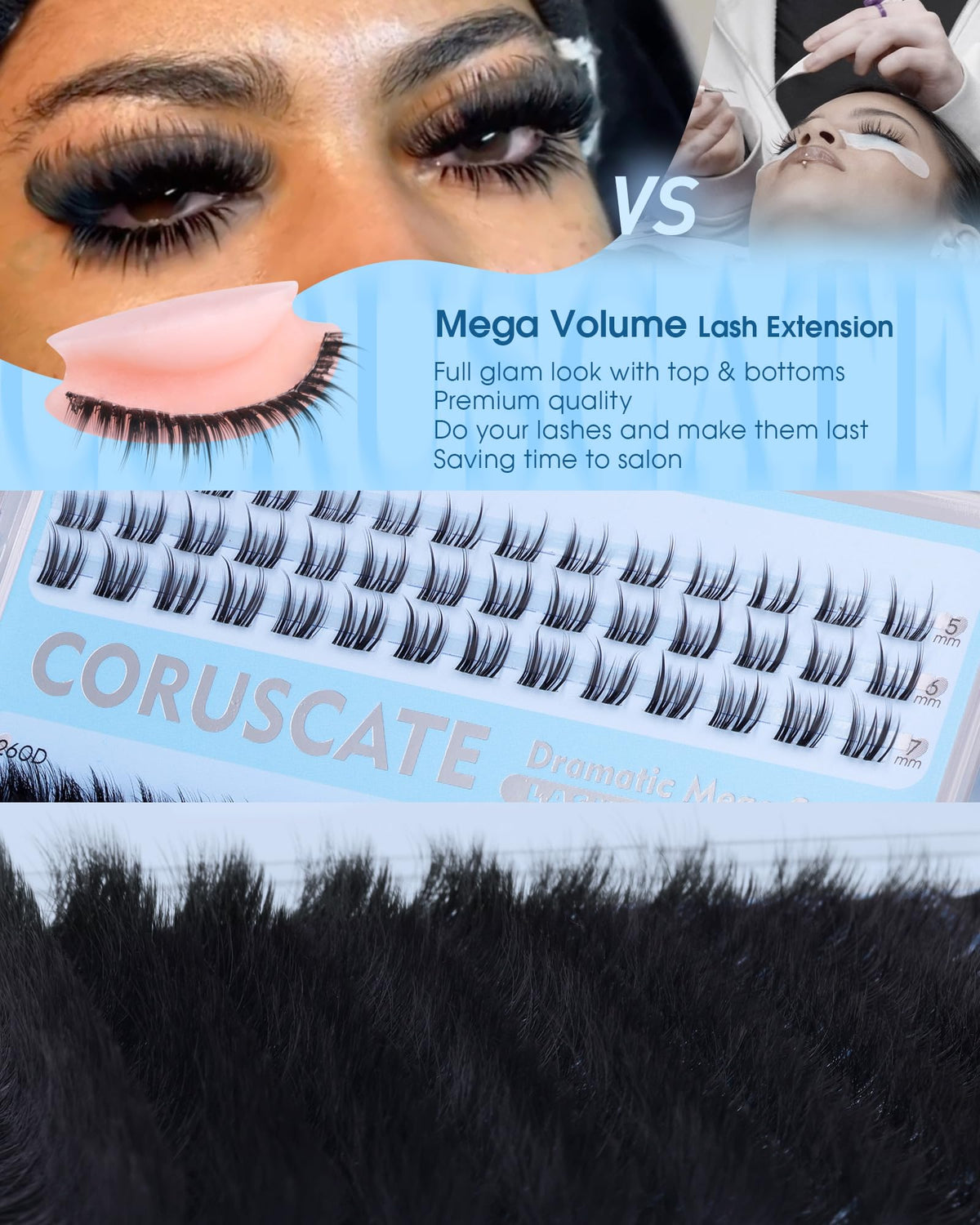 CORUSCATE close detail of bottom lash clusters offering balanced lower-lash definition